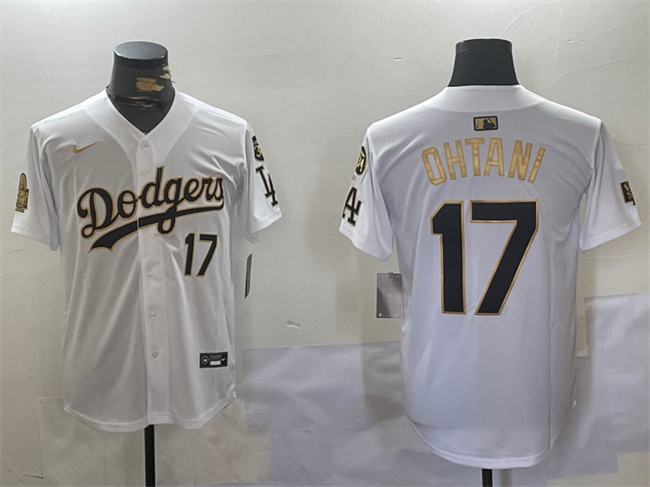 Los Angeles Dodgers #17 Shohei Ohtani White Gold 2024 World Series With Fernando Memorial Patch Home Limited Stitched Jersey